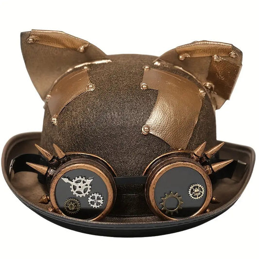 Golden Steampunk Top Hat Removable Goggles Cat ears