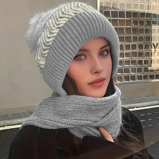 Super Stylish Bobble Hat integrated Scarf With Pompom