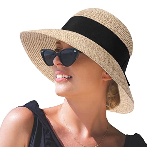 Comhats Sun Hats for Women Foldable UV Protection Large Wide Brimmed Floppy Panama Style Straw Beach Hat Fashionable Fedora Adjustable Beige M/L 57CM